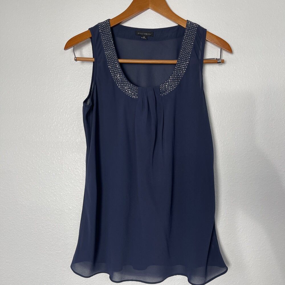 Willi Smith Y2K Teal Blue Chiffon Tank Top Medium Vintage Beaded Neck Blouse